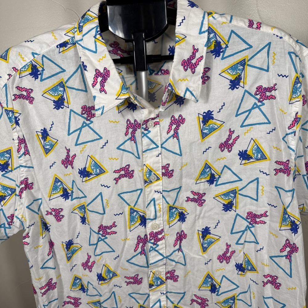 City Streets XXL  White Beach Bum Short Sleeve Mens Button Up Shirt Y2k Retro